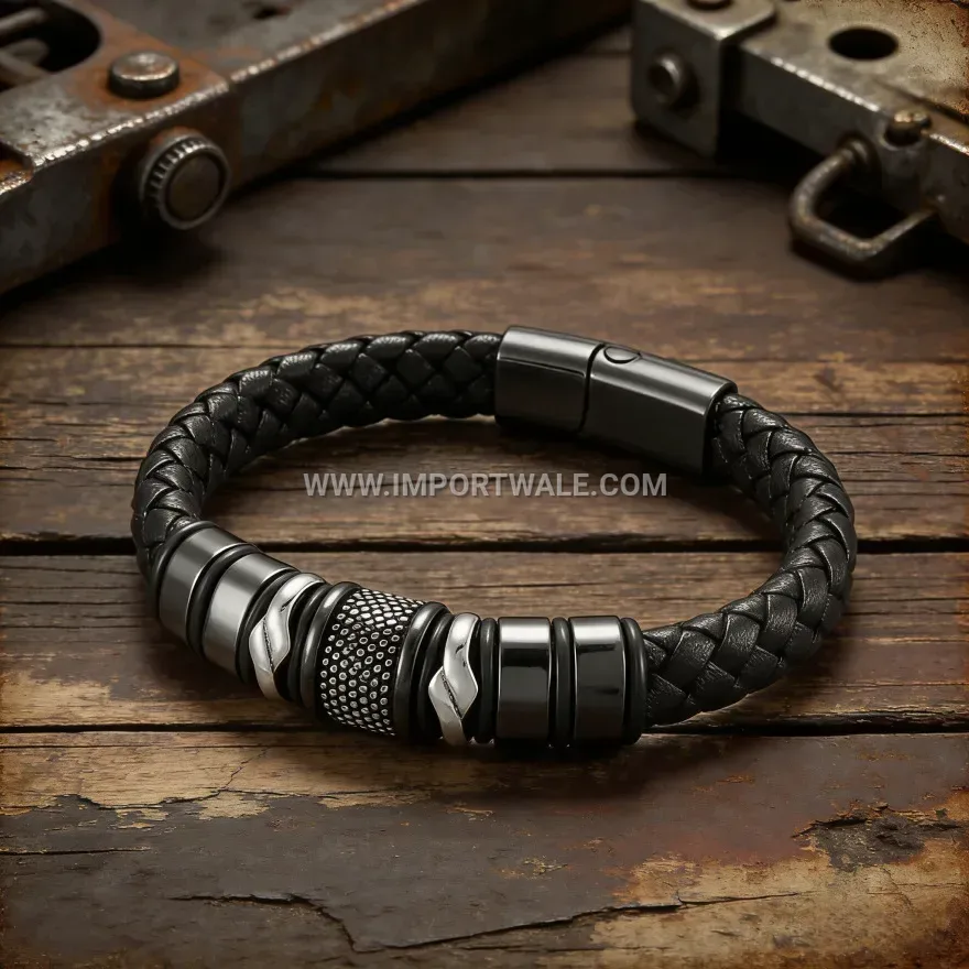 Men's Braided Leather Bracelet With Stainless Steel Beads And Magnetic Clasp