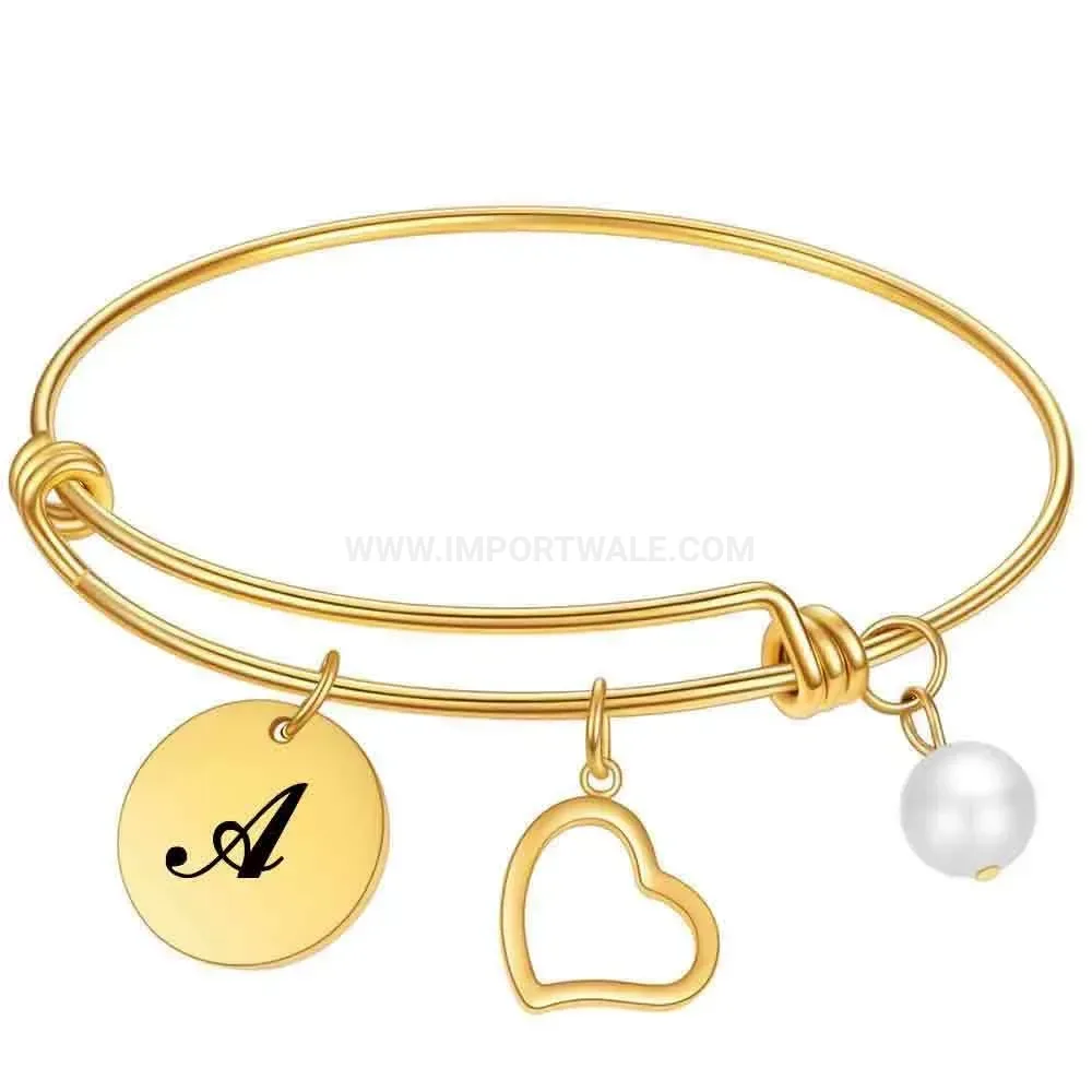 Fashion Adjustable Initial Charm Pearl Heart Stainless Steel Cuff Bangle