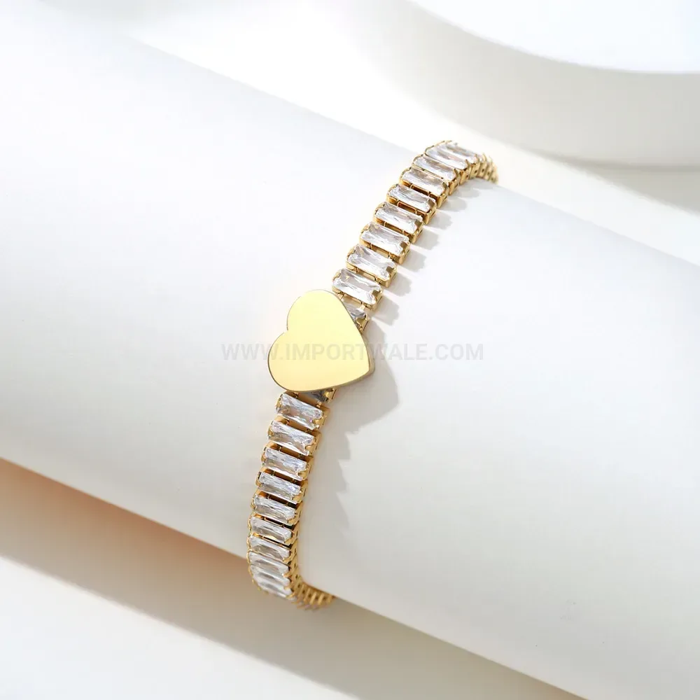 Polished Stainless Steel Heart Bracelet with Cubic Zirconia