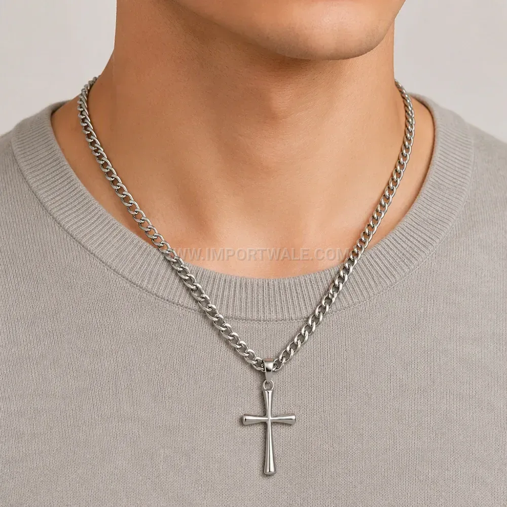 Sleek 18K Gold Plated Stainless Steel Cross Pendant Chain Necklace