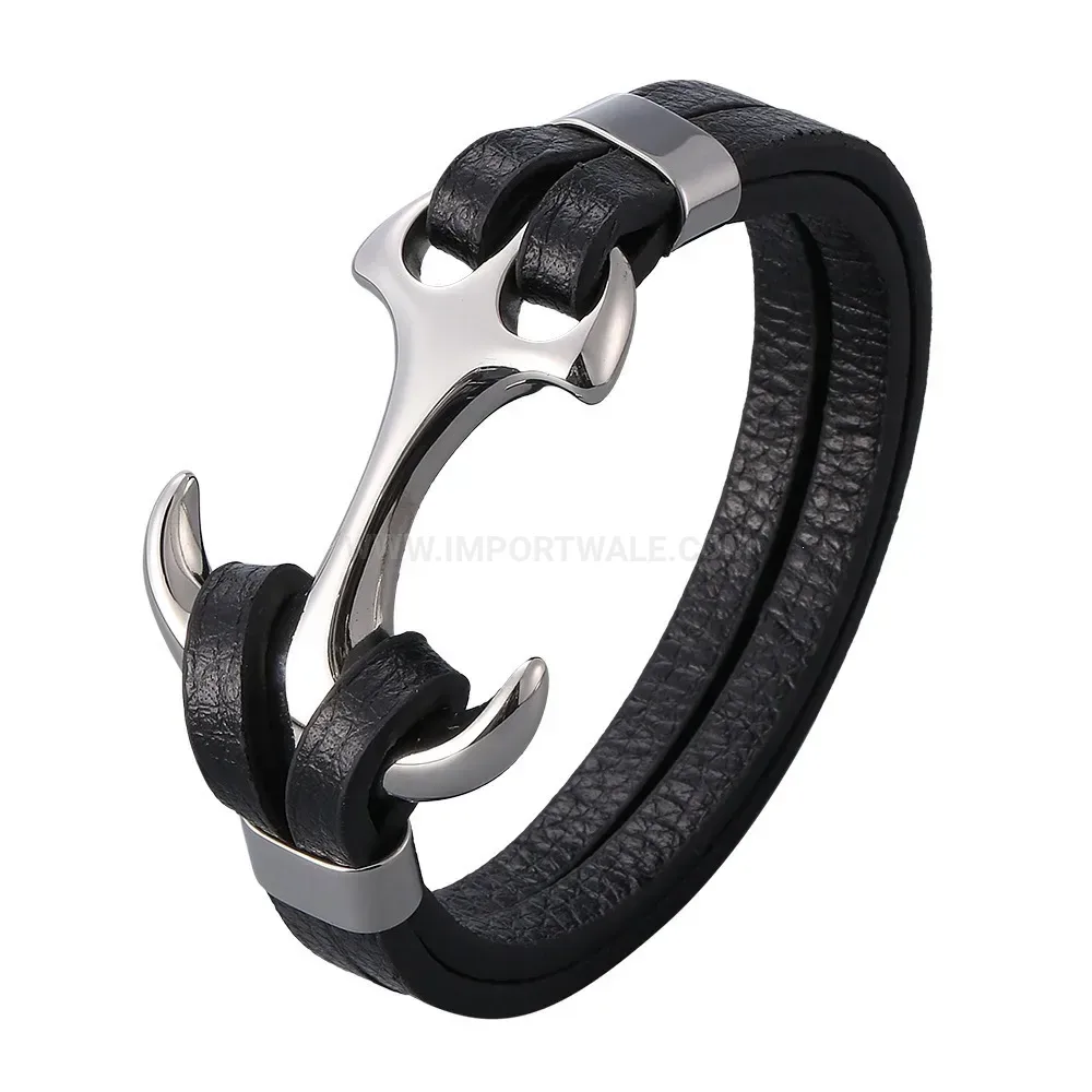 Multi-Strand Leather Wristband With Stainless Steel Anchor Motif Clasp