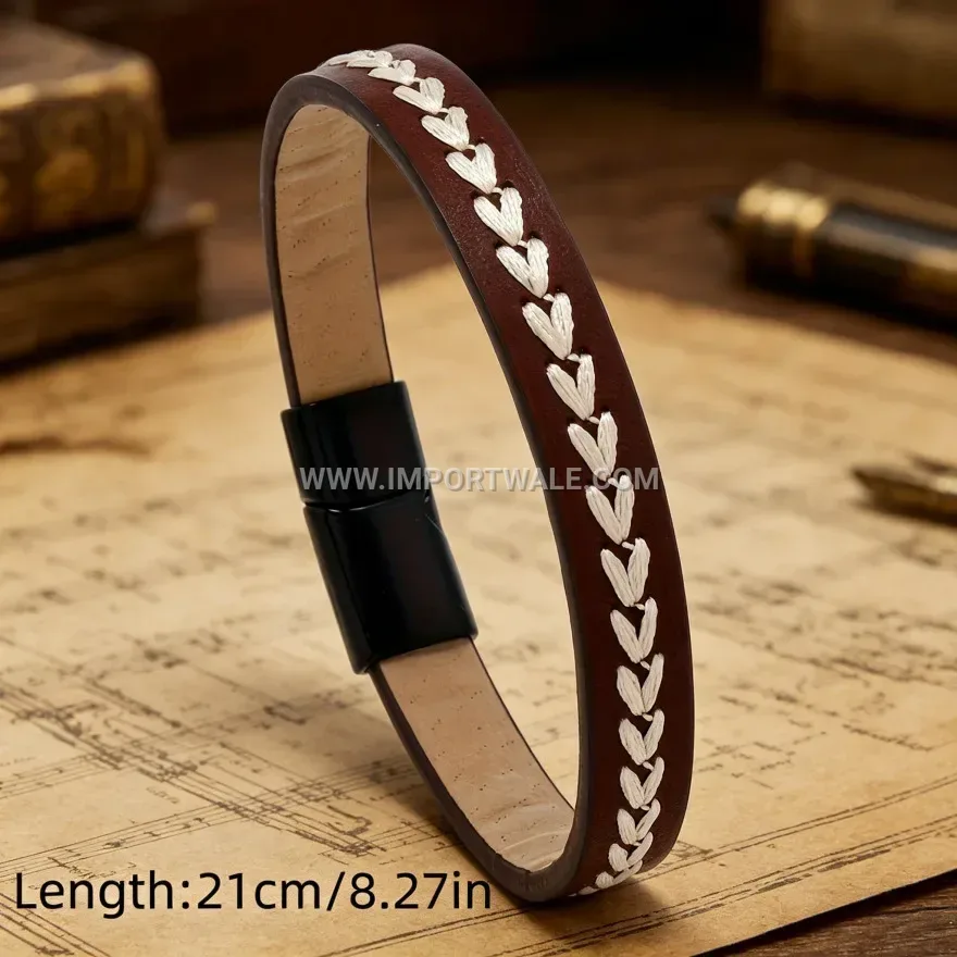 Minimalist Embroidered Woven Leather Daily Wristband Bracelet