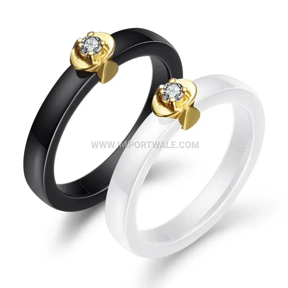 Cubic Zirconia Embedded Ceramic Gold Trimmed Ring