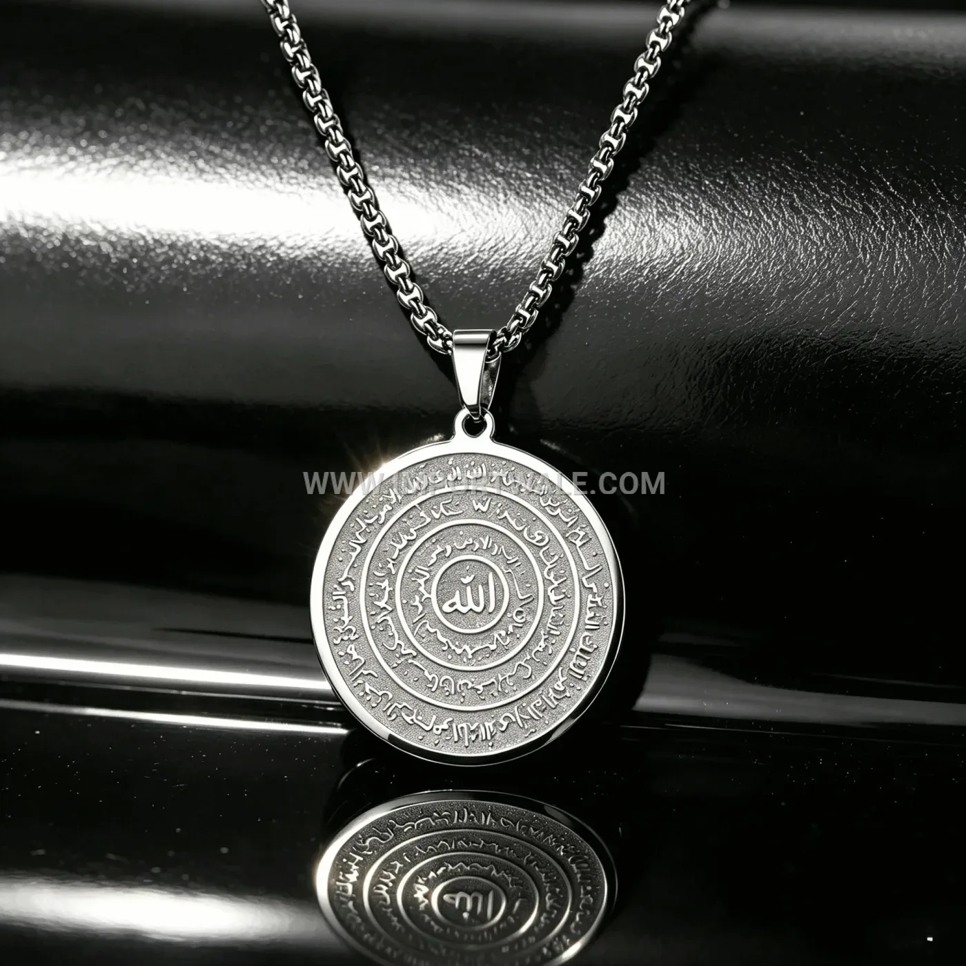 Stainless Steel Allah Calligraphy Circular Medallion Pendant Necklace