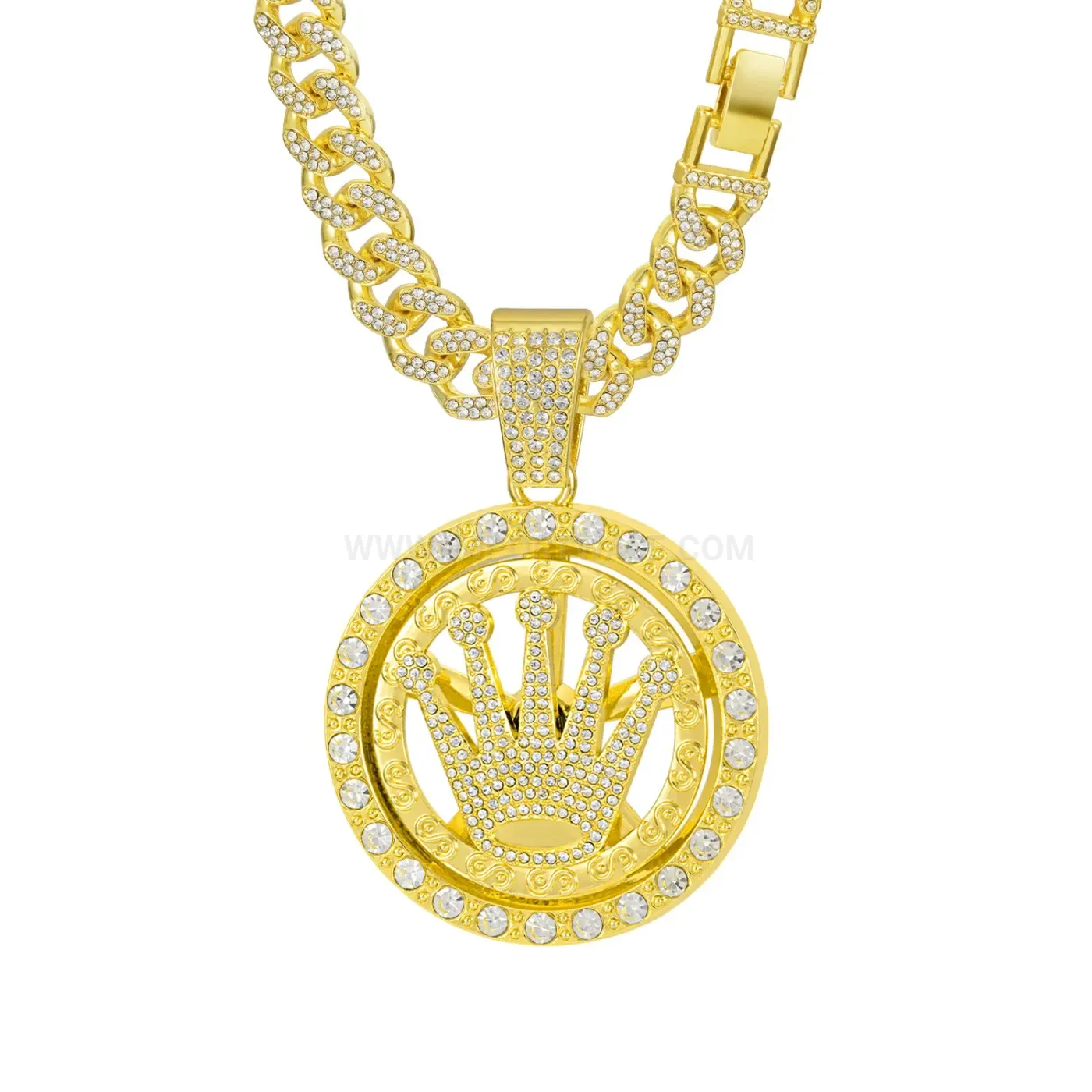 Modern Spinning Crown Motif Cuban Chain Pendant Necklace