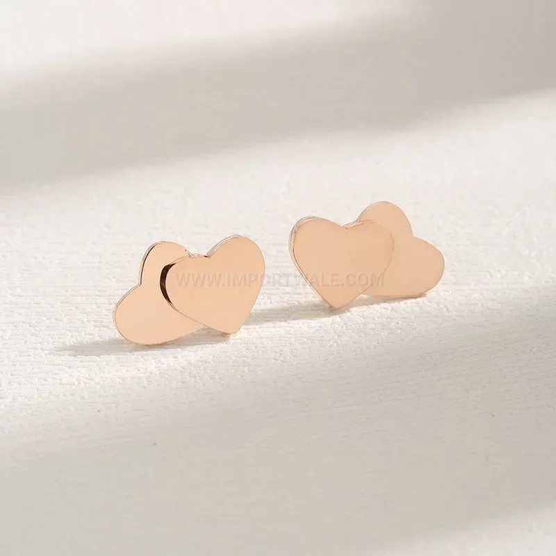 Rose Gold Titanium Steel Double Heart Stud Earrings