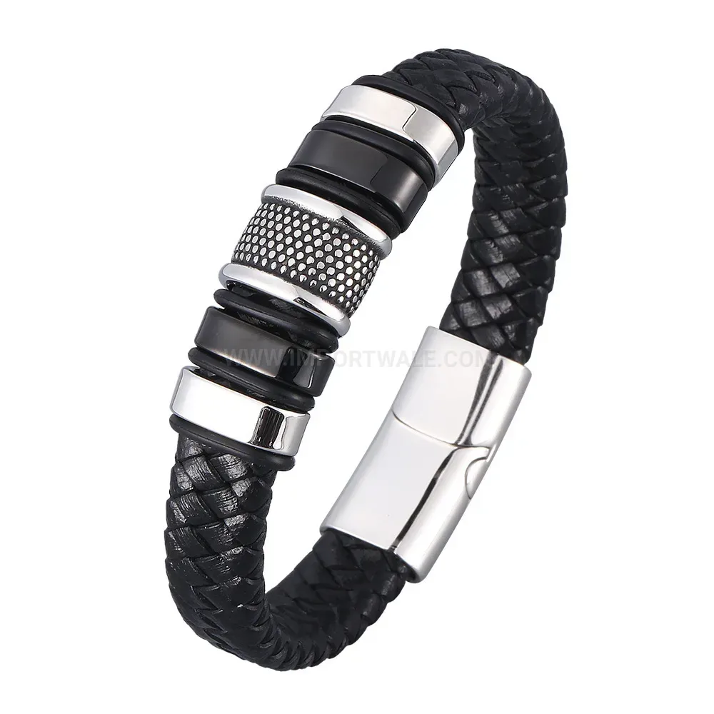 Woven Black Leather Wristband with Electroplated Stainless Steel Detail