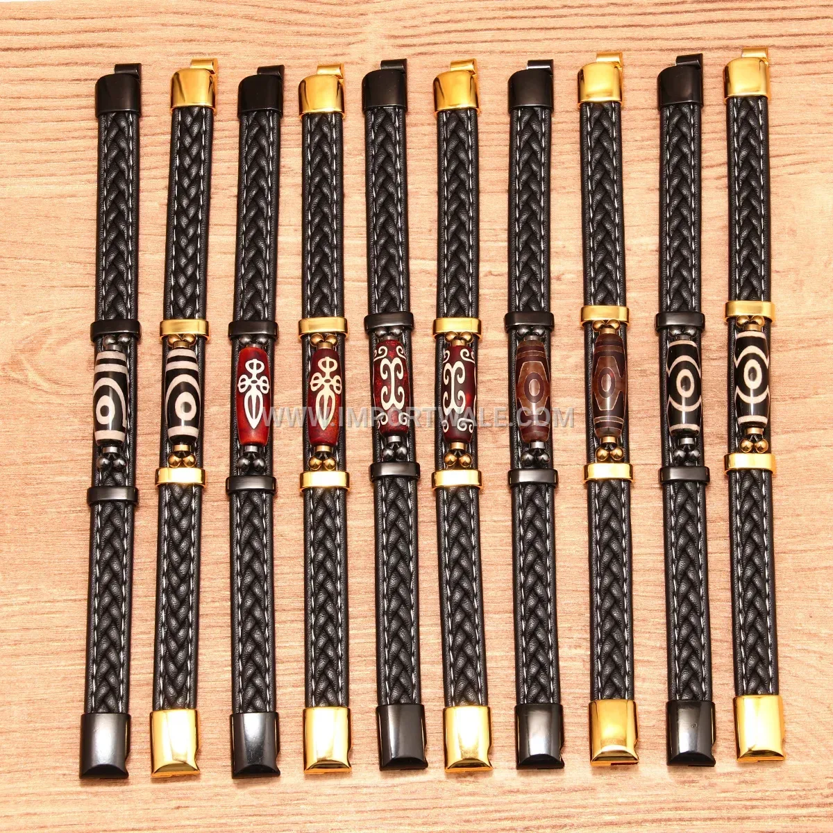 Woven Leather Dzi Bead Bracelet with Magnetic Clasp