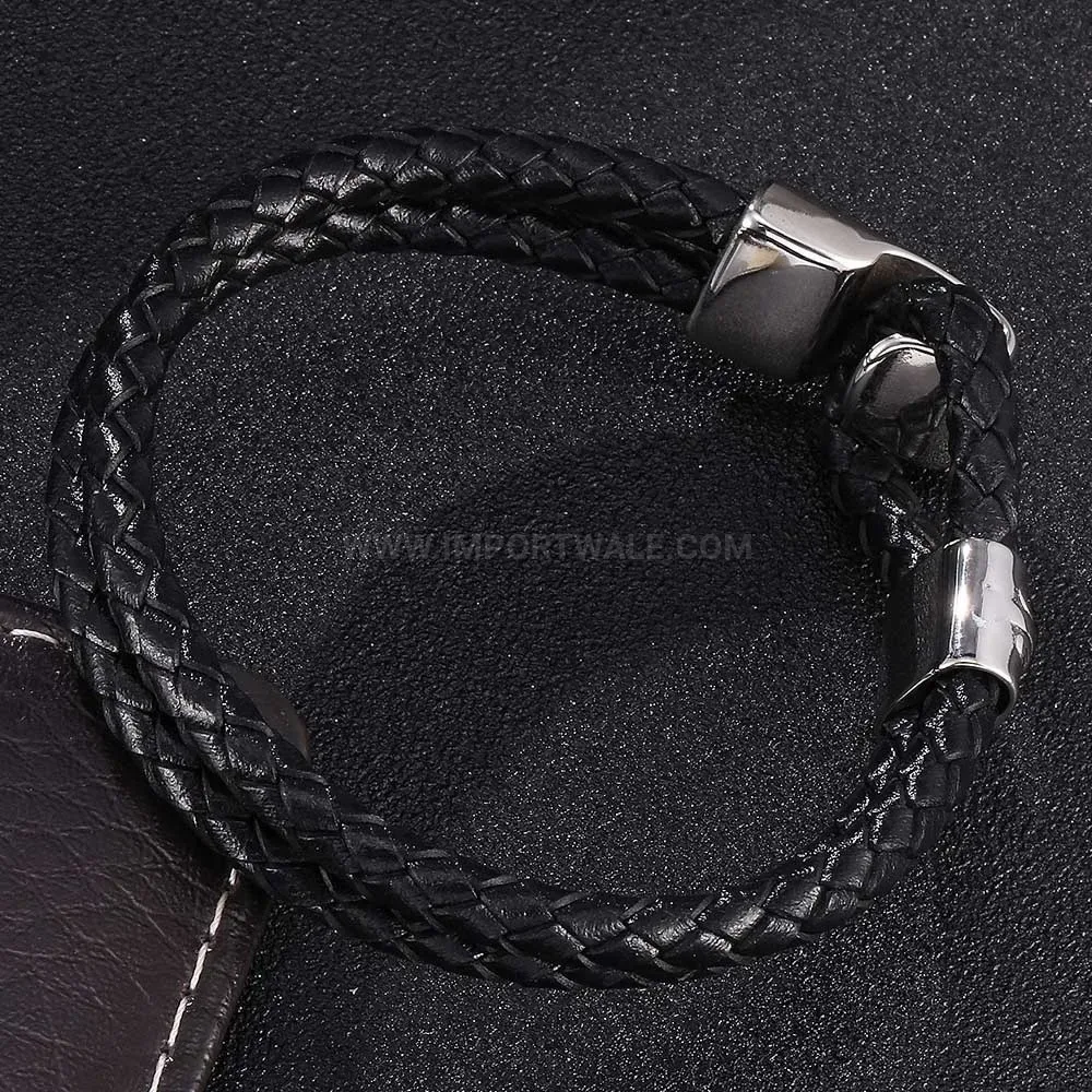 Braided Leather Hook Stainless Steel Mens Cuff Bracelet