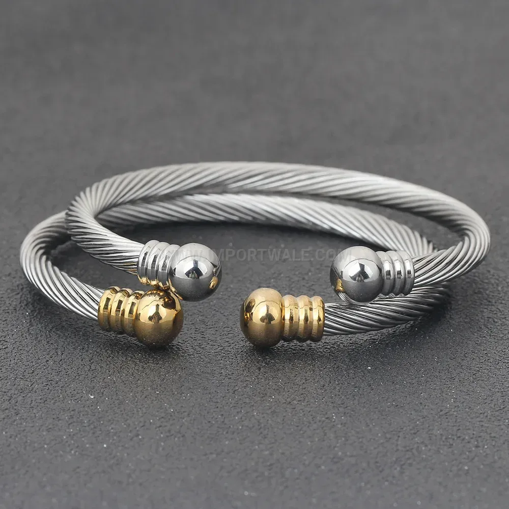 Stylish Adjustable Cable Wire Stainless Steel Cuff Bangle with Bead Details