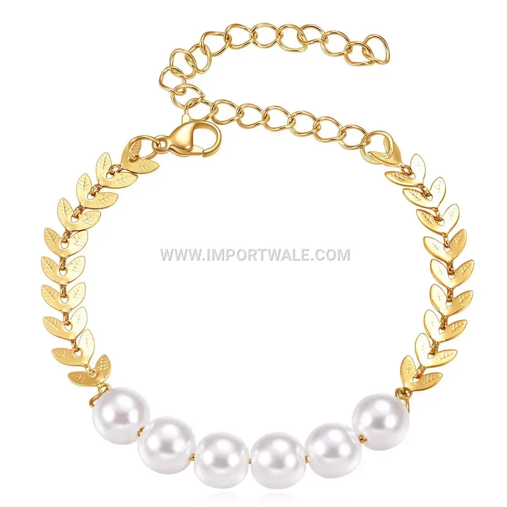 Stainless Steel Leaf Splice Bracelet with Faux Pearl
