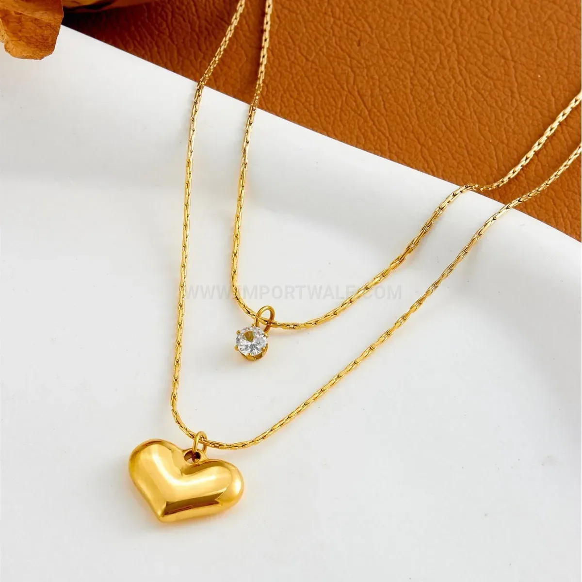 Stylish Titanium Steel Double Layered Crystal Heart Pendant Necklace