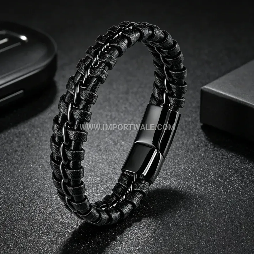 Dark Style Braided Leather Stainless Steel Magnetic Bracelet