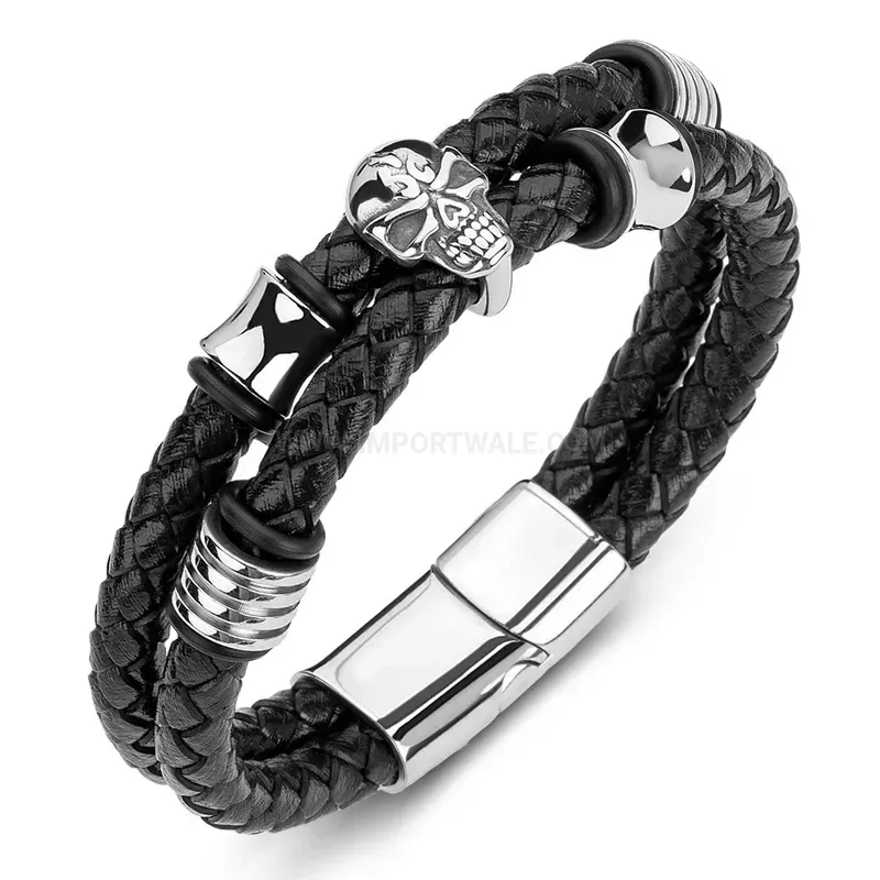 Chic Double Wrap Leather Bracelet With Stainless Steel Flame Skull Beads