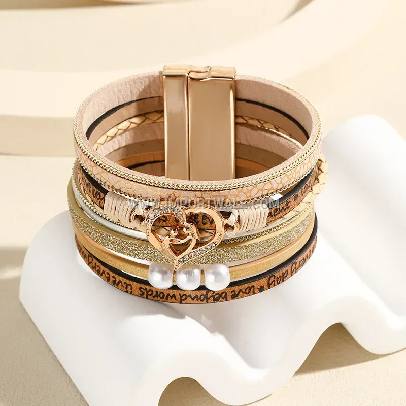 Engraved Leather Heart Pendant Pearl Bracelet with Magnetic Clasp