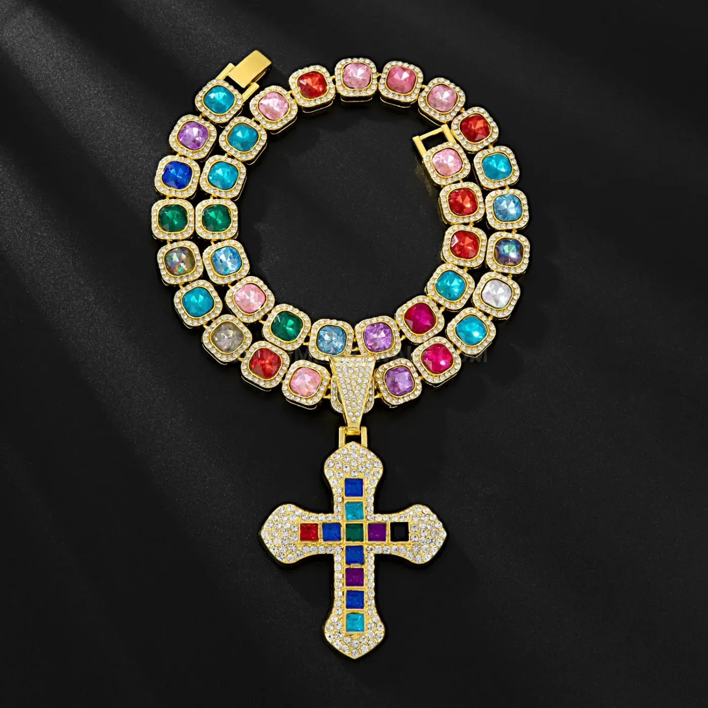 Stylish Layered Cross Square Crystal Cuban Pendant Necklace