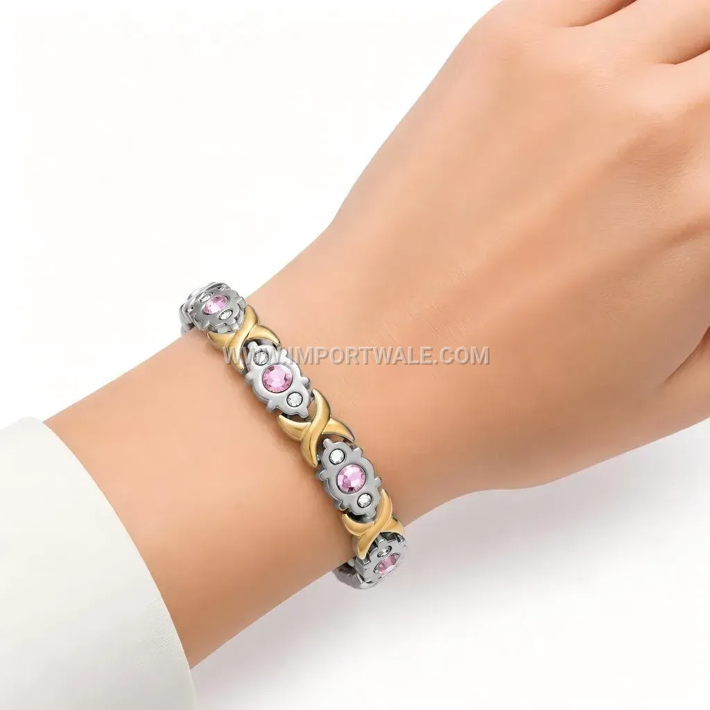Colorful Rhinestone Magnet Stainless Steel Link Bracelet