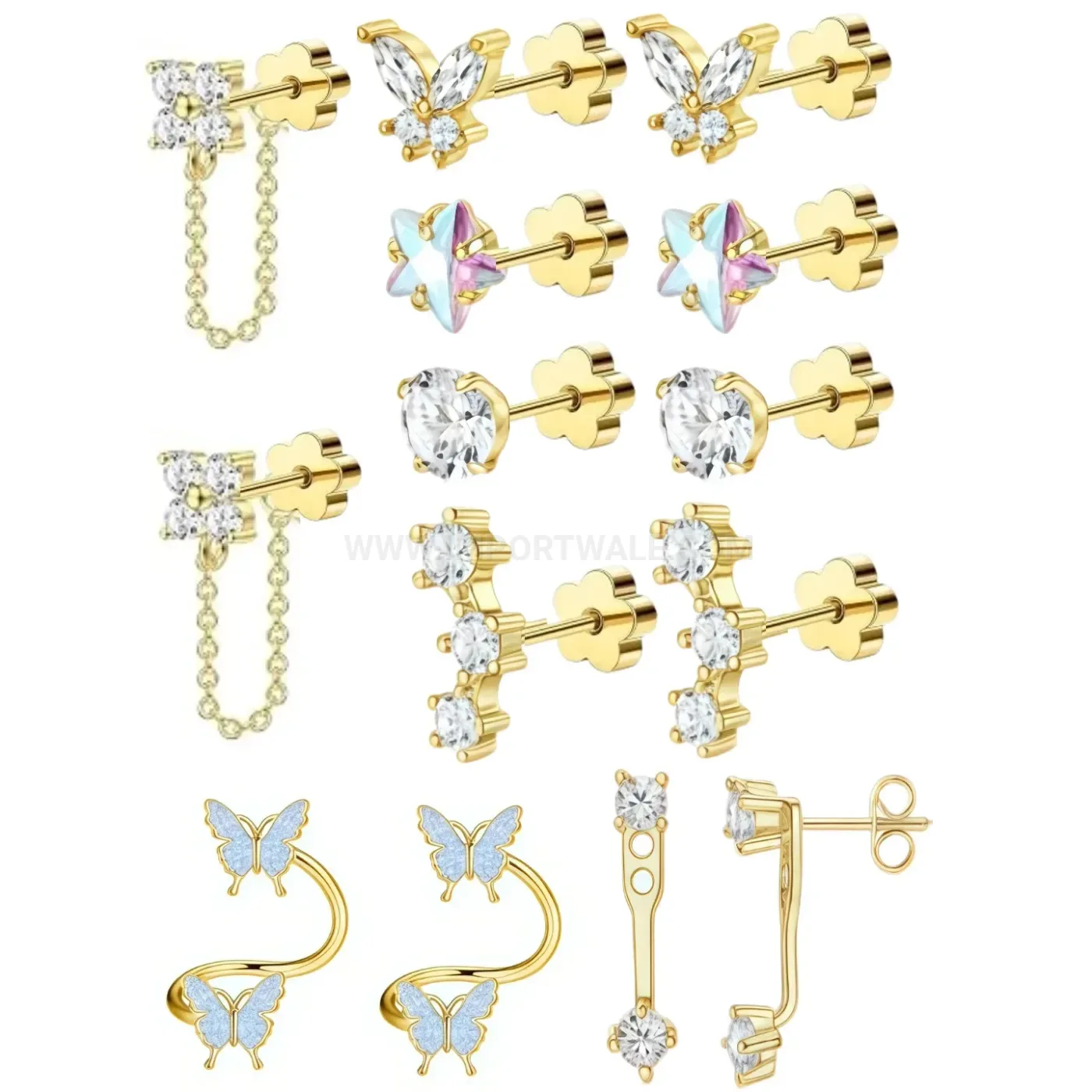 Stylish Zircon Stone Stainless Steel Chain Hoop and Cartilage Stud Set