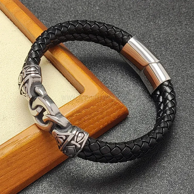 Modern Two Tone Braided Leather Stainless Steel Buckle Bracelet