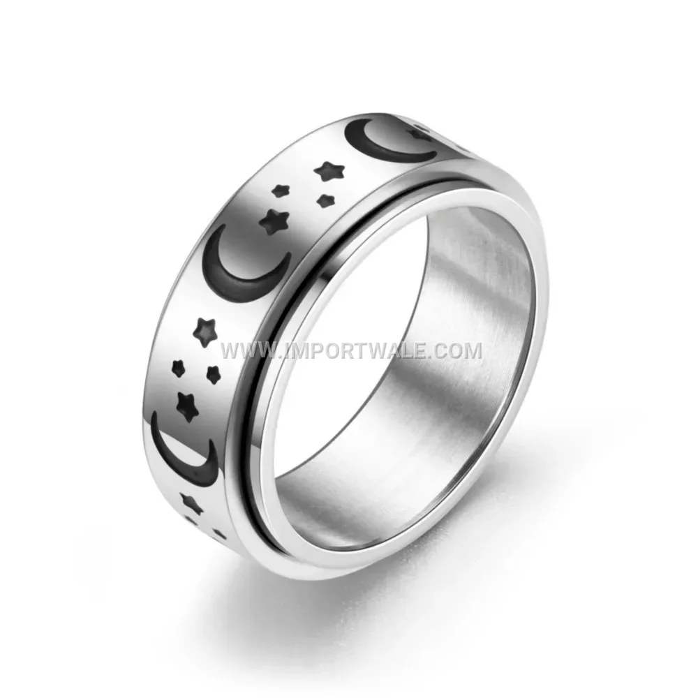 Spinning Stainless Steel Celestial Moon and Star Band Ring