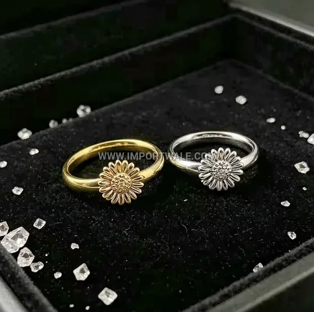 Engraved Sunflower Stainless Steel Band Ring with Gold Plating