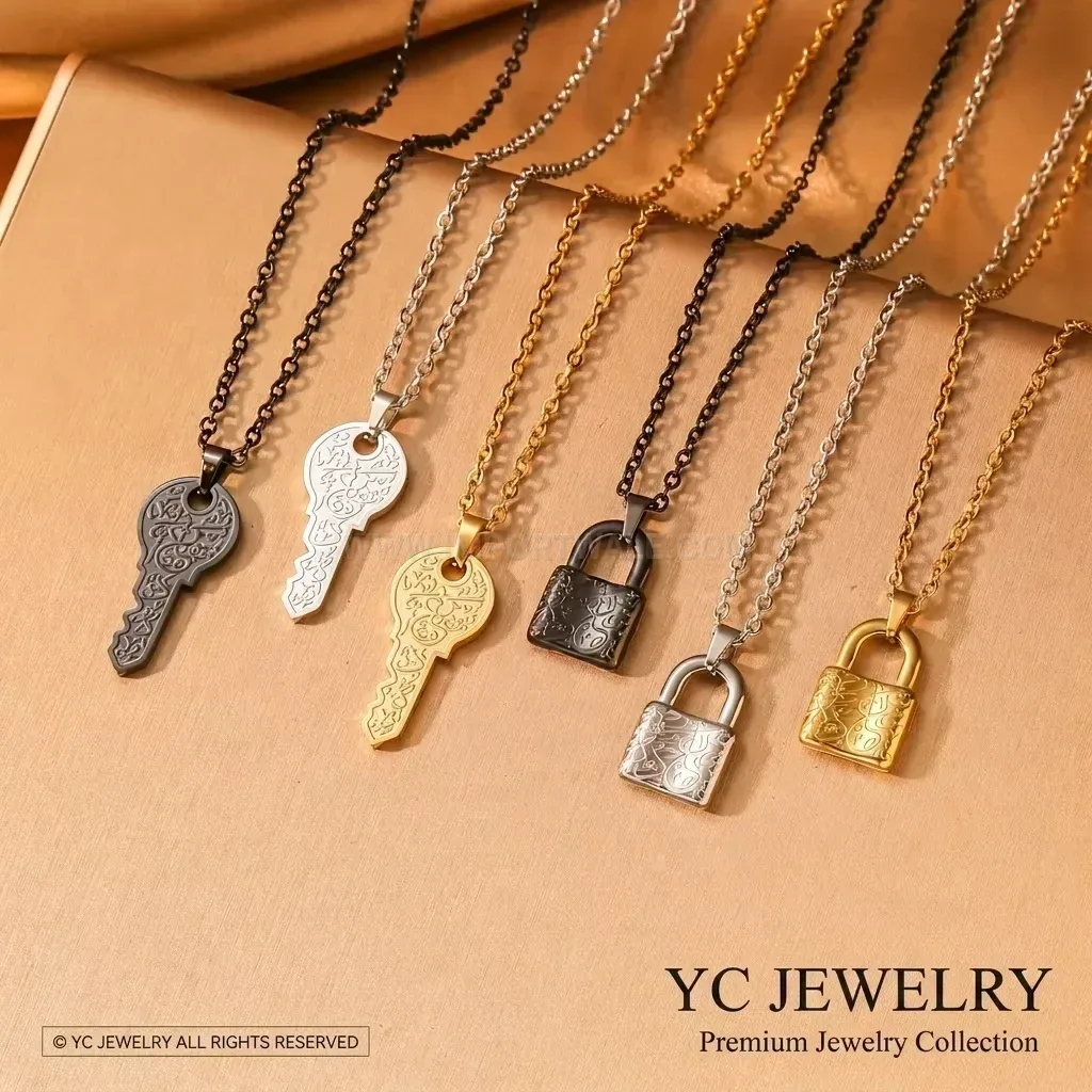 Stainless Steel Arabic Calligraphy Key Padlock Pendant Necklace