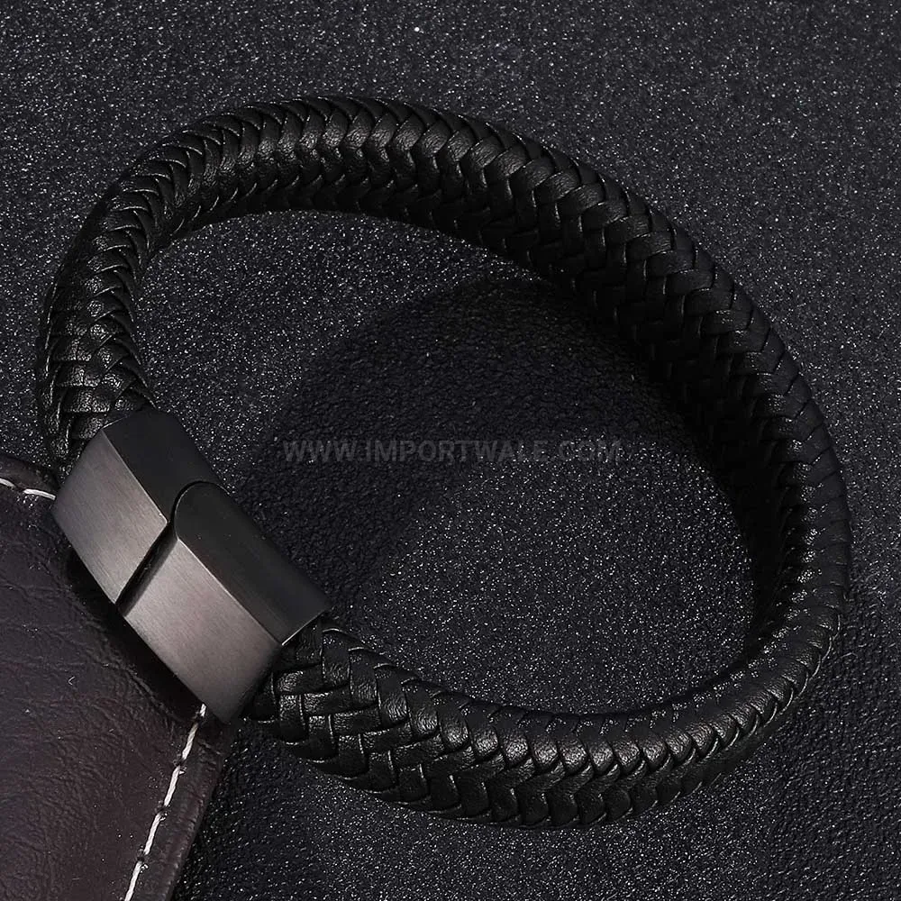 Vintage Woven Leather Bracelet with Stainless Steel Magnetic Clasp