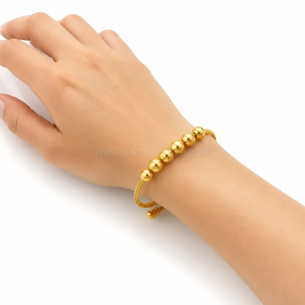 Trendy Flexible Stainless Steel Cable Cuff with Bead Ends