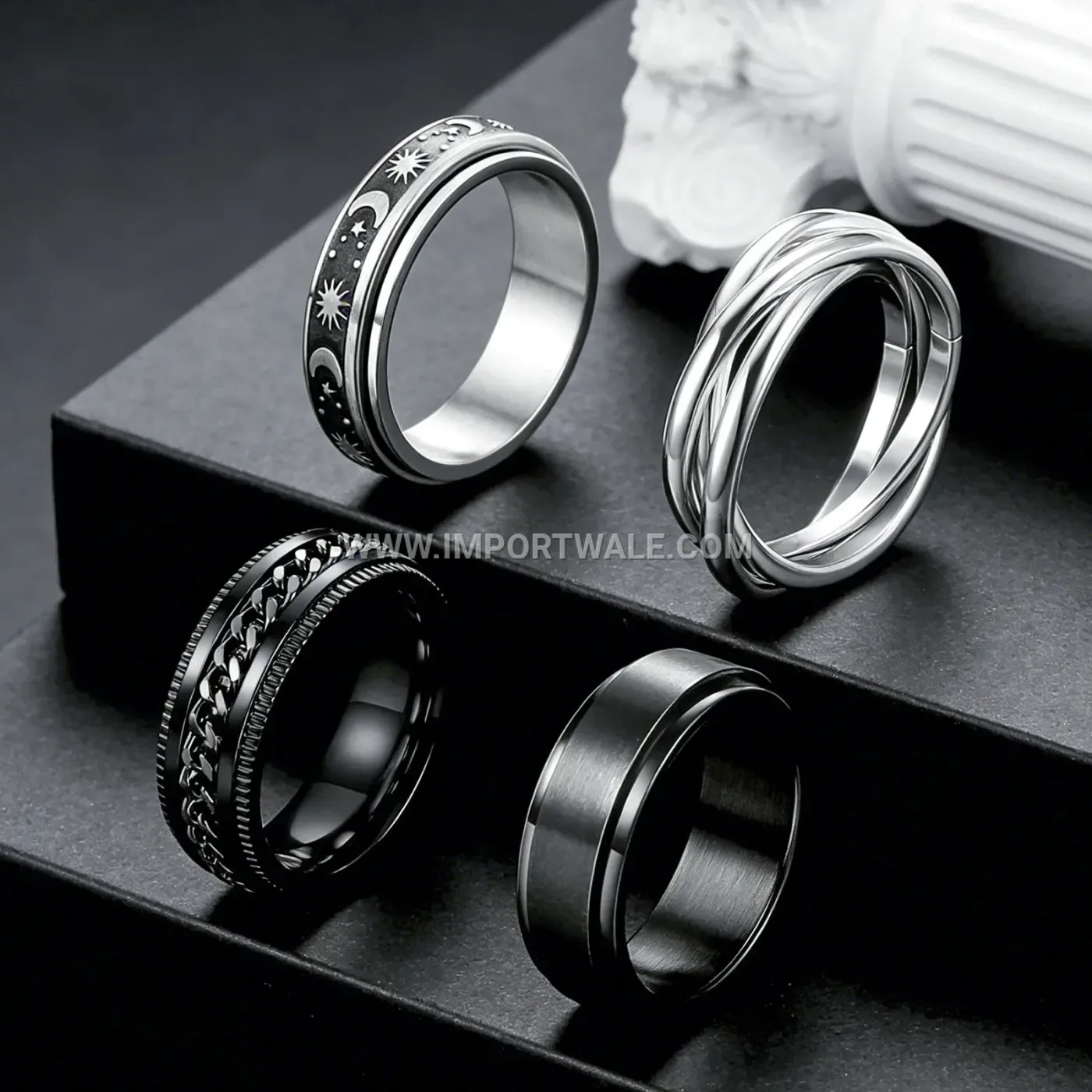 Celestial Moon and Star Spinning Stainless Steel Ring