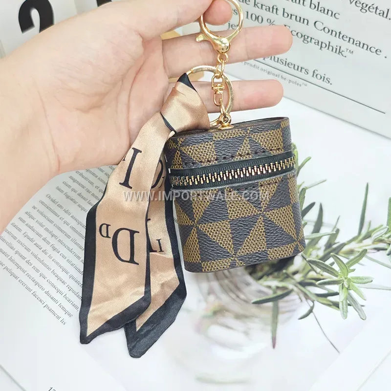 Geometric PU Leather Earphone Case Keychain Pendant