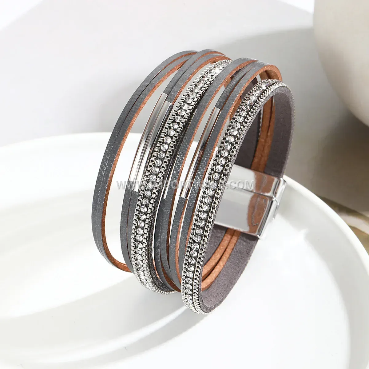 Multi Layer Leather Chain Tube Wrap Bracelet with Rhinestones