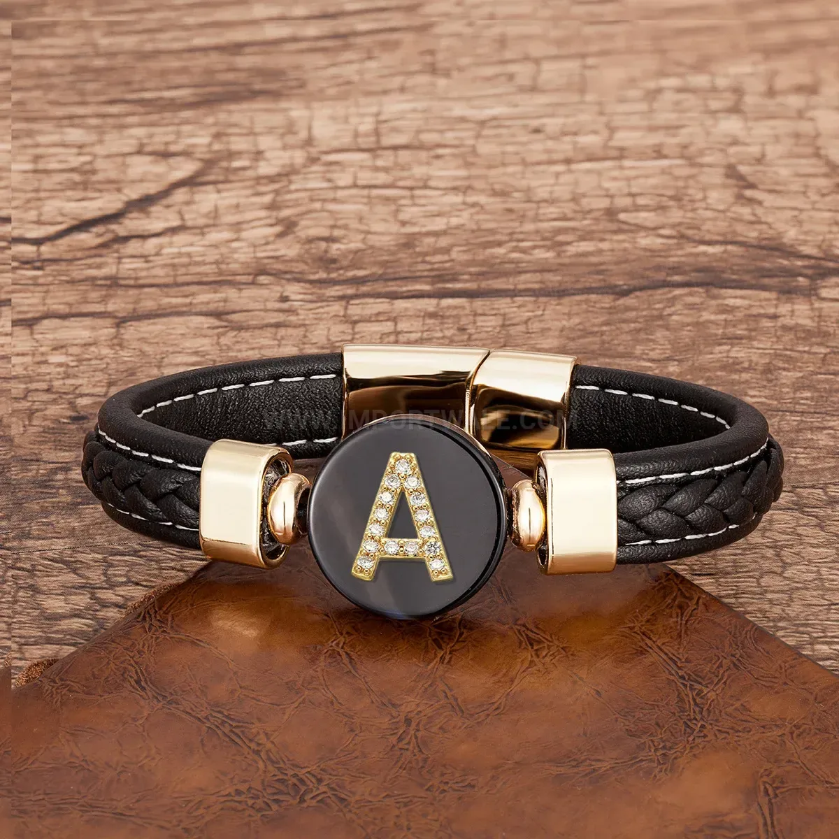 Handcrafted Leather Cord Stone Bracelet Featuring Monogram Stainless Steel Accents