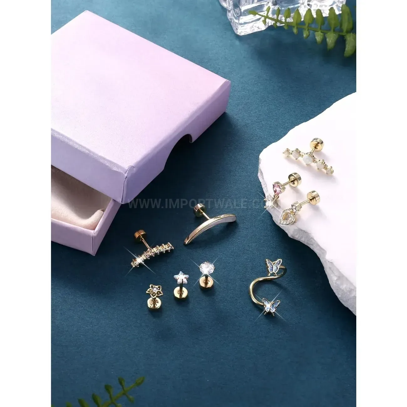 Chic Curved Pavé Butterfly and Heart Stainless Steel Piercing Stud Set