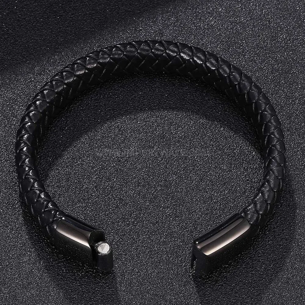 Braided Leather Wristband with Stainless Steel Magnetic Clasp Accent