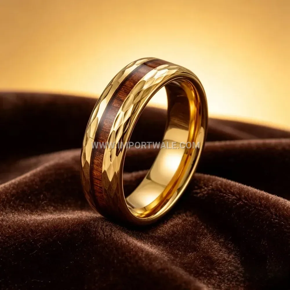 Geometric Engraved Wood Grain Inlay Stainless Steel Ring