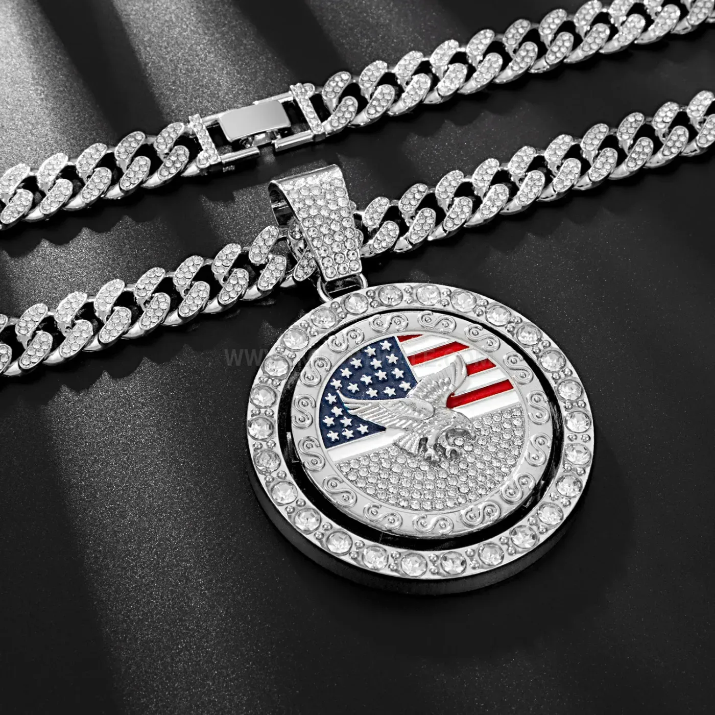 Modern Spinning Eagle Flag Pendant Cuban Link Necklace