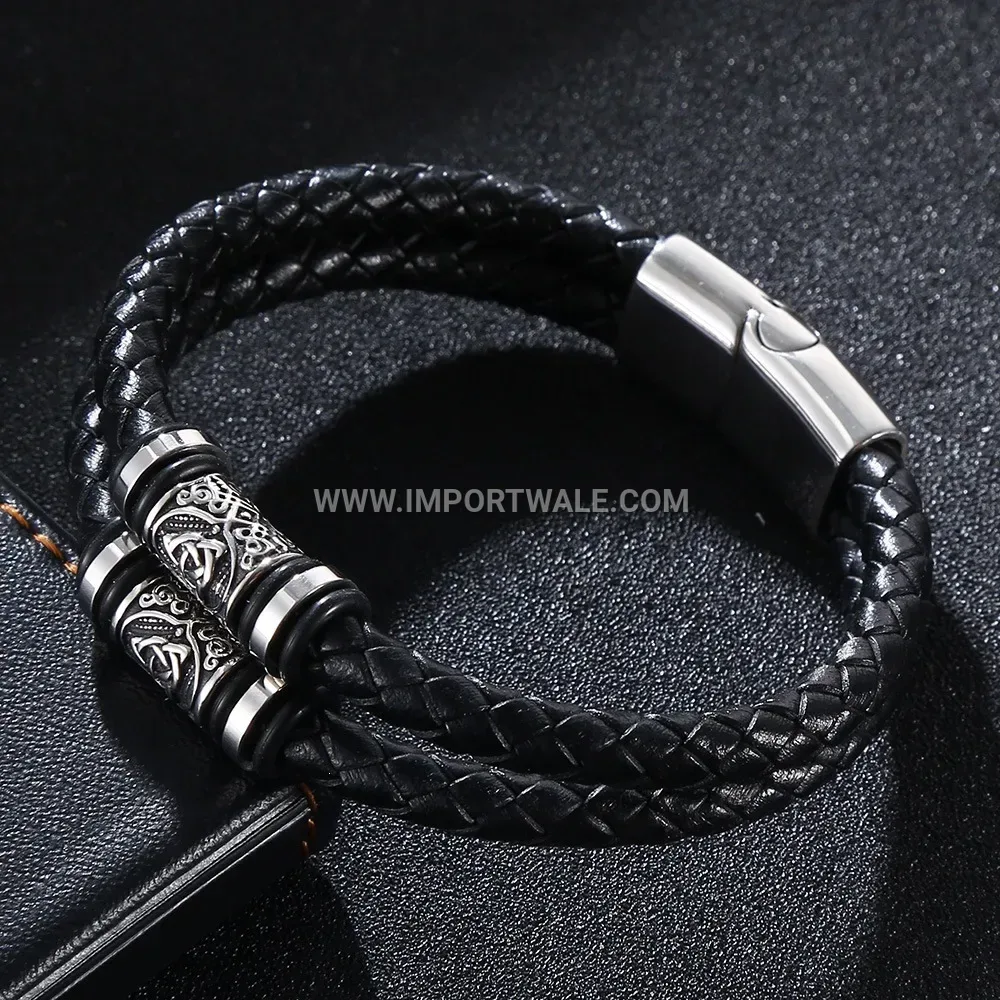 Woven Black Leather Cuff Bracelet with Stainless Steel Hardware