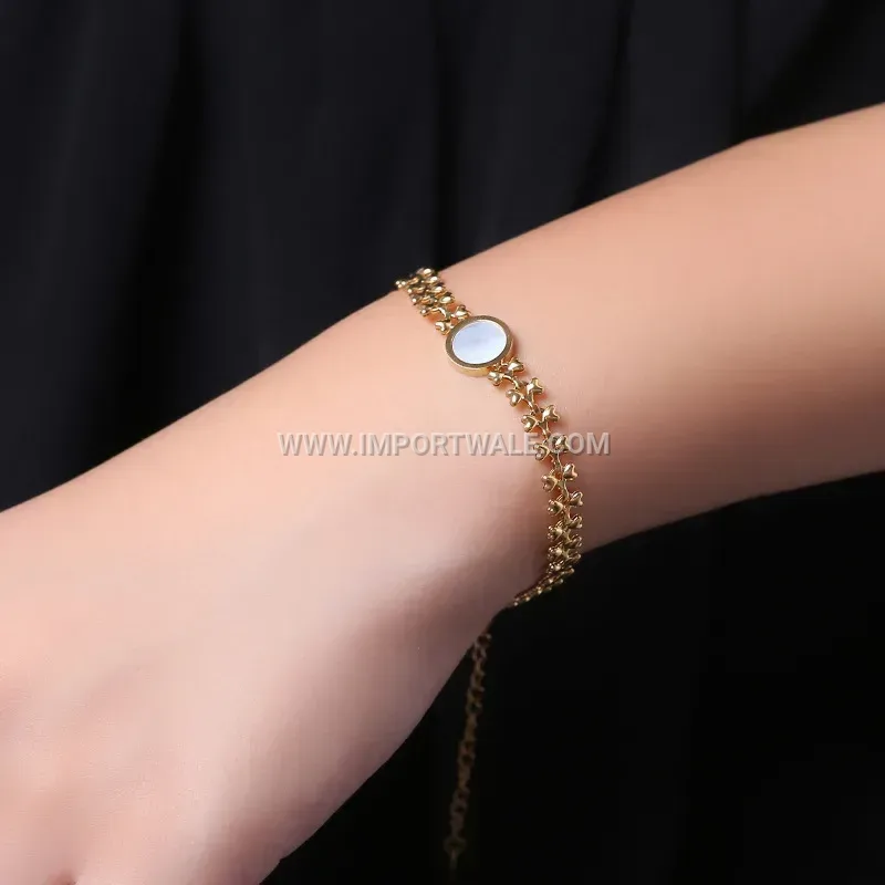 Shell Inlaid Heart Round Medallion Titanium Steel Bracelet