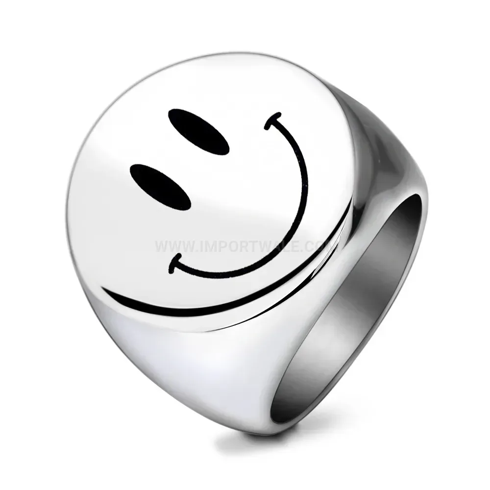 Bold Laser Engraved Circular Smiley Face Stainless Steel Signet Ring