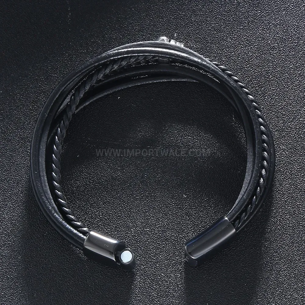 Punk Skull Black Leather Wristband with Stainless Steel Magnetic Clasp