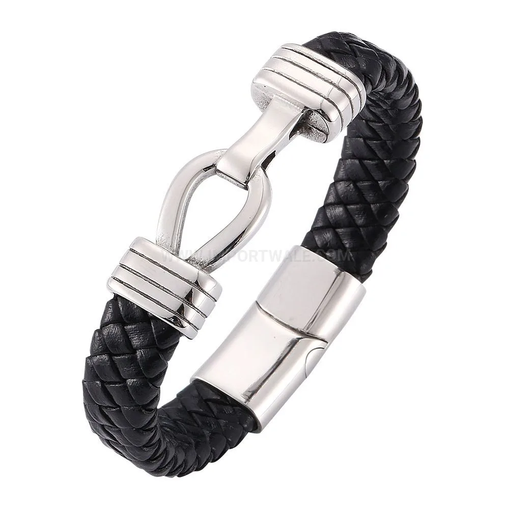 Woven Black Leather Wristband With Stainless Steel Hardware Accents