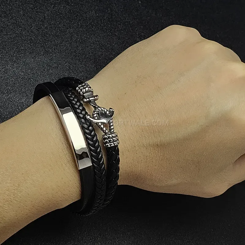 Premium Handcrafted Stainless Steel Anchor Hook Two-Tone Leather Bracelet