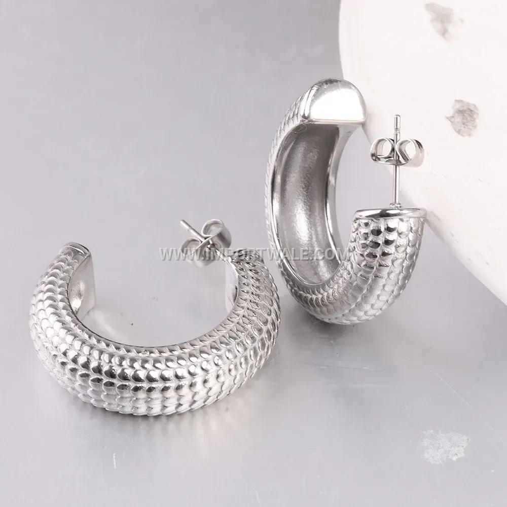Fish Scale Textured Stainless Steel C-Shape Stud Earrings
