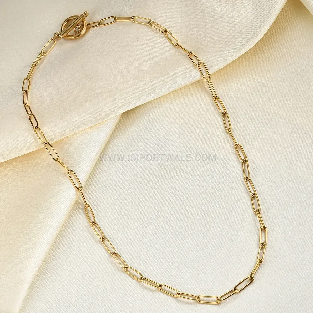 Gold Stainless Steel Safety Pin Pendant Necklace with Toggle Clasp