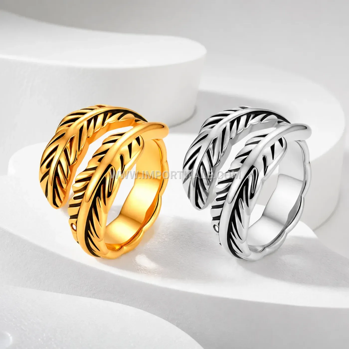 Vintage Feather Carved Stainless Steel Adjustable Open Ring