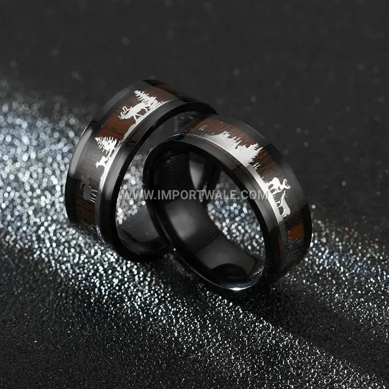 Black Wood Grain Deer Motif Stainless Steel Ring