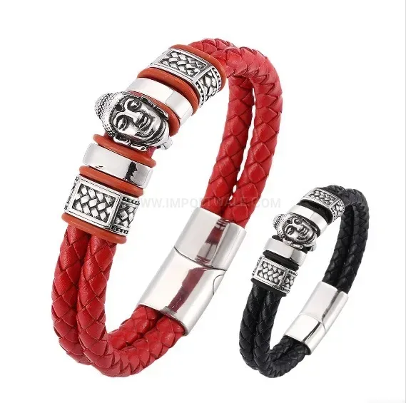 Braided Leather Bracelet with Stainless Steel Buddha Emblem