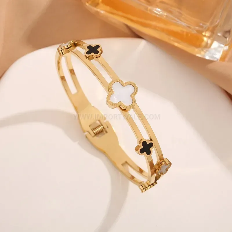 Elegant Shell Four Leaf Clover Geometric Titanium Steel Bangle Bracelet