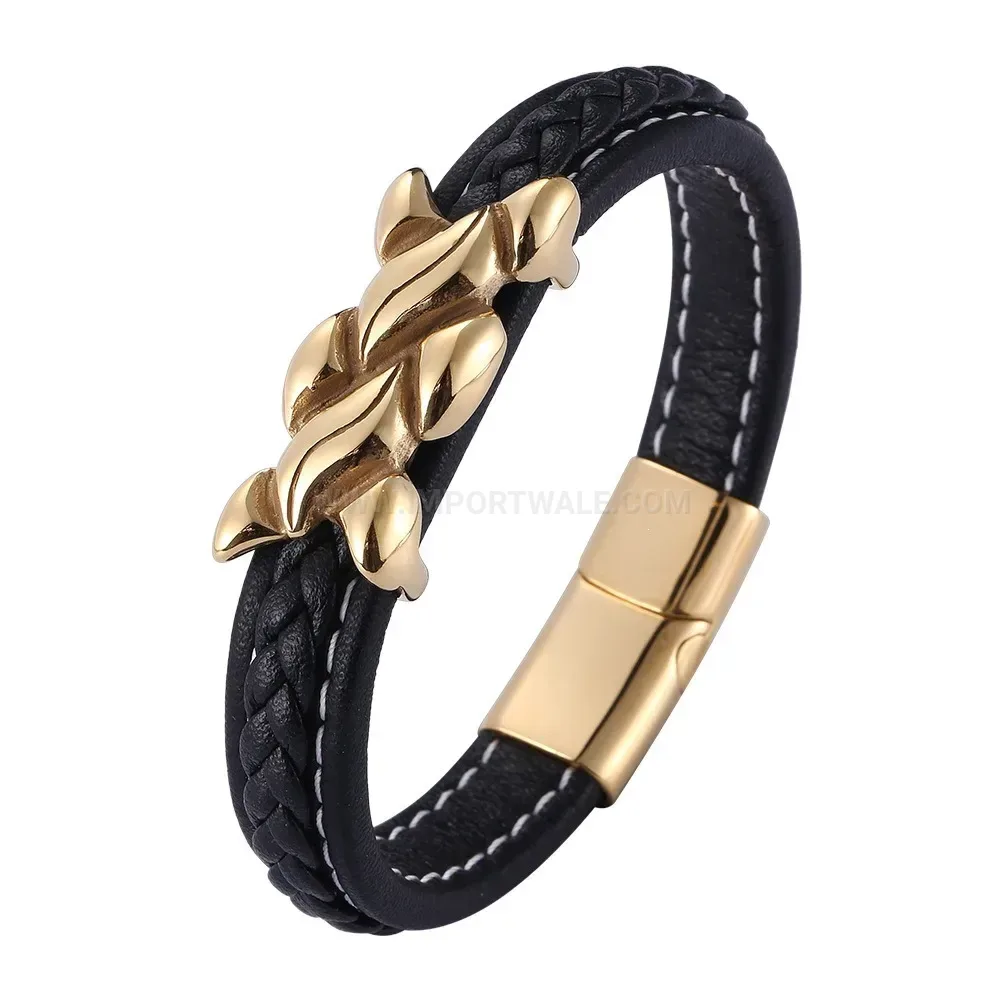 Braided Leather Gold Tone Stainless Steel Men's Cuff Bracelet