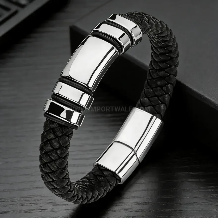 Fashion Braided Leather Business Bracelet With Alloy Magnetic Clasp